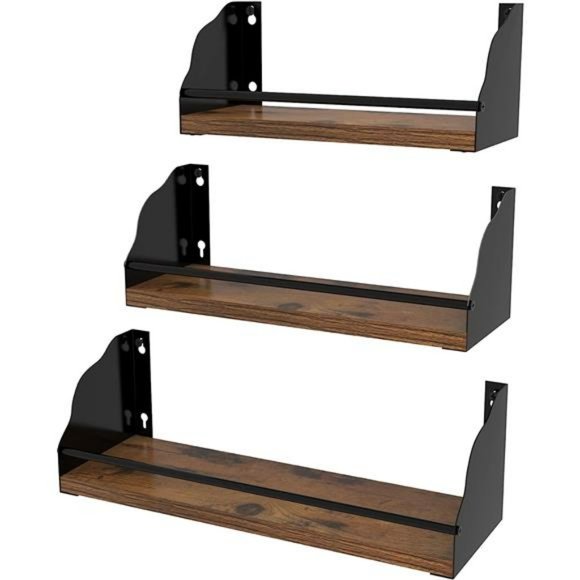 Floating Wall Shelves Set of 3 with Fence Rustic Wall Shelf with Bar Bracket